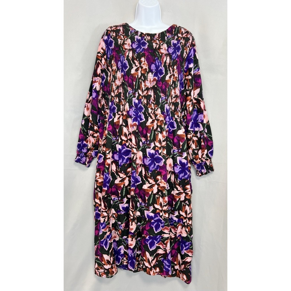 Terra & Sky Women's Plus Sz 2X Elastic Waist Tiered Long Sleeve Midi Dress